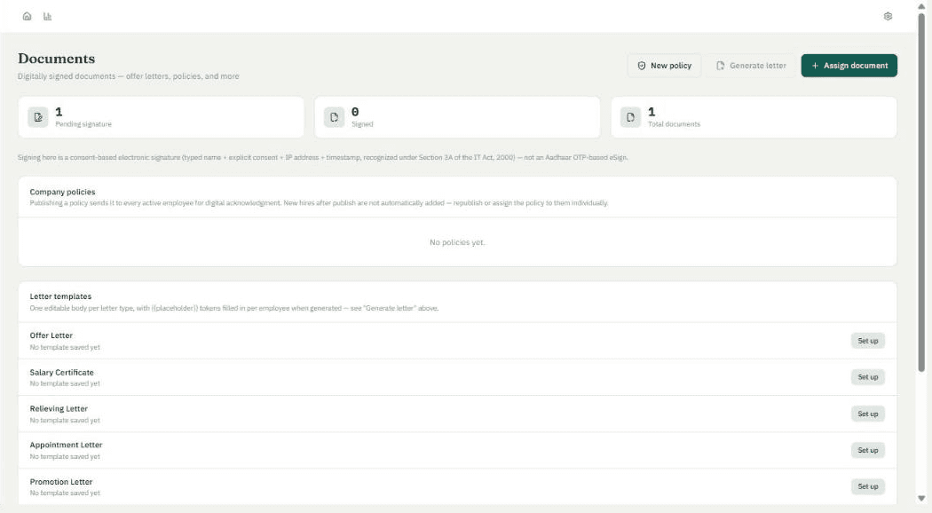 Documents screen showing digitally signed offer letters, salary certificates and policy templates