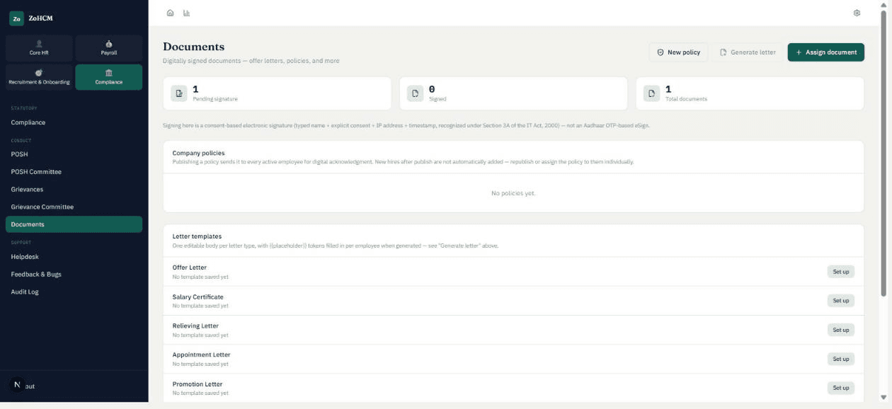 Documents screen showing digitally signed offer letters, salary certificates and policy templates