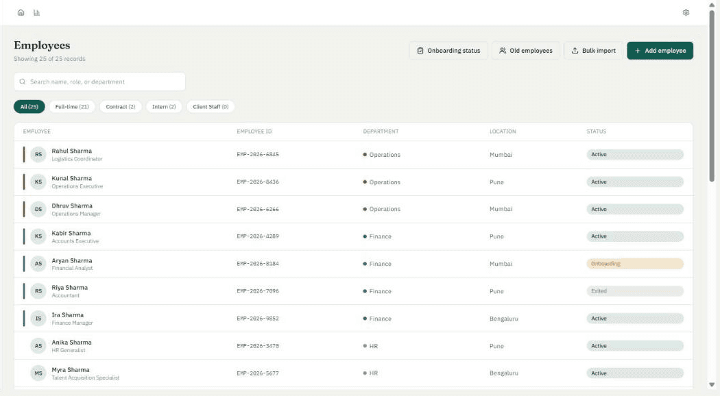 Employee directory listing 25 employees with department, location and status