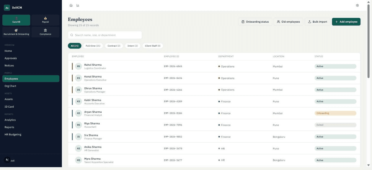Employee directory listing 25 employees with department, location and status