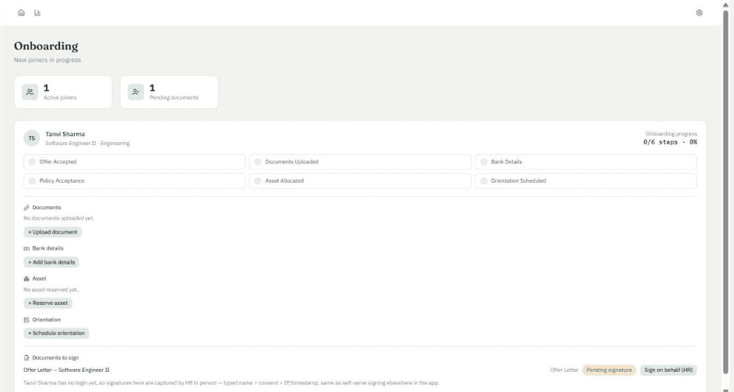 Onboarding checklist showing document upload, bank details, asset allocation and offer letter e-signature steps