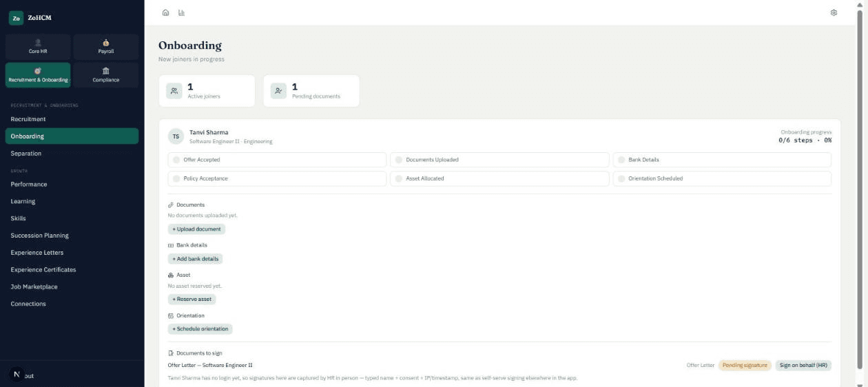 Onboarding checklist showing document upload, bank details, asset allocation and offer letter e-signature steps